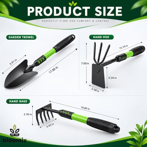 Bloomix 3 pcs Black Stainless Steel Gardening Tools Set – Heavy Duty Hand Trowel, Hand Rake & Hoe Cultivator with Ergonomic Handles – Durable Garden Tool Kit for Plant Care and Soil Work