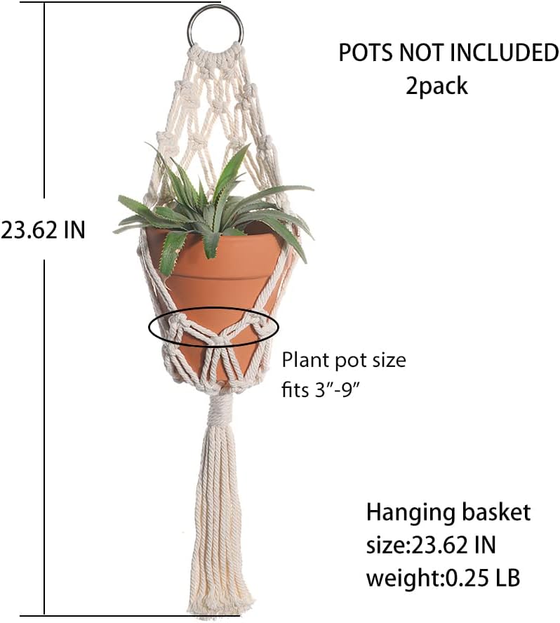 Boho Macrame Plant Hangers - Handmade Hemp Rope Hanging Baskets for Indoor Plants with Ceiling Hooks, Bohemian Home Decor Outdoor Wall Art