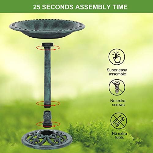 VINGLI Pedestal Bird Bath with Solar Fountain, Solar Pump Resin Birdbaths, Weather Resistant Bird Baths with Ground Stakes, Vintage Finish Garden Decor for Outdoor, Patio, Yard, Lawn(Green)