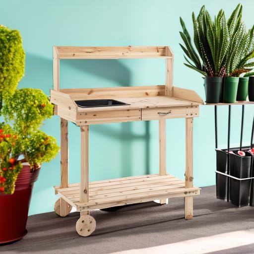 Outsunny 36" Wooden Potting Bench Work Table, 2 Detachable Wheels, Natural