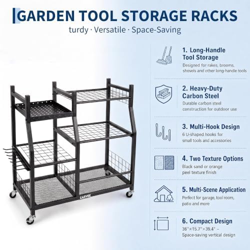 3-Tier Garden Tool Organizer with Wheels, Heavy-Duty Steel Garage Rack