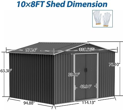 Storage Shed 10x8 FT, Large Metal Tool Shed for Outdoor Storage, Galvanized Steel Garden Shed with Lockable Sliding Doors for Patio, Backyard, Lawn, Grey