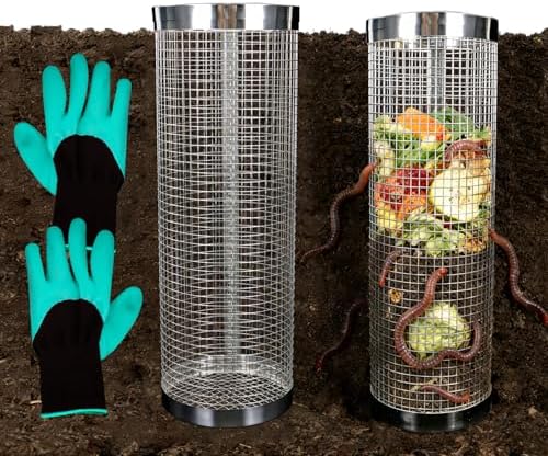 4 Pack Underground Worm Composting Bin with Gardening Gloves - Small Round Metal Stainless Steel Composter for Family Garden, Outdoor Compost Bins (4)