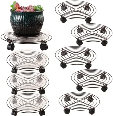 8 Packs Large Metal Plant Caddy with Wheels 13" Heavy-duty Wrought Iron Rolling Plant Stands with Casters Plant Dolly Plant Roller Base for Indoor and Outdoor Plant Pot Movers Saucers Brown