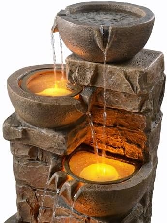 Teamson Home 33.27" Cascading Bowls & Stacked Stones LED Water Fountain for Outdoor Living Spaces, Brown