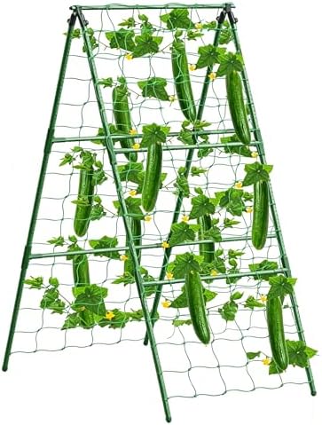 Updated A-Frame Cucumber Trellis for Raised Beds, Adjustable Size Garden Trellis for Climbing Plant Outdoors with Climbing Net and Plant Support Clip for Vegetable Grape Tomato Garden Supplies
