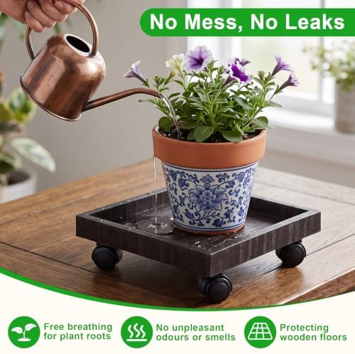 Cabilock Square Plant Stand Caddy Plant Saucer Tray with Wheels Flower Pot Tray Caster Wheels (Black)