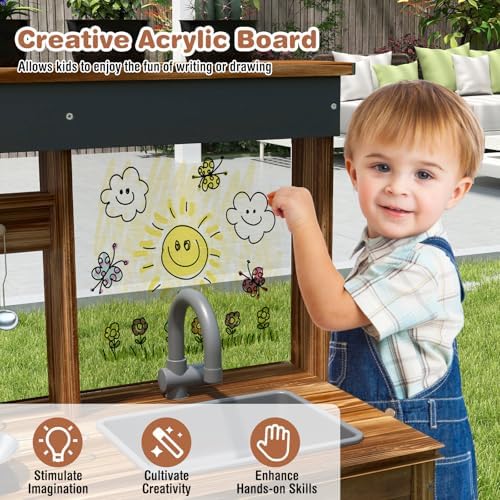HONEY JOY Mud Kitchen, Cedar Wood Outdoor Play Kitchen for Toddlers, Acrylic Board, Removable Sink, 4 Planting Cups, Kitchen Accessories, Garden Time Mud Kitchen for Kids Outdoor Backyard