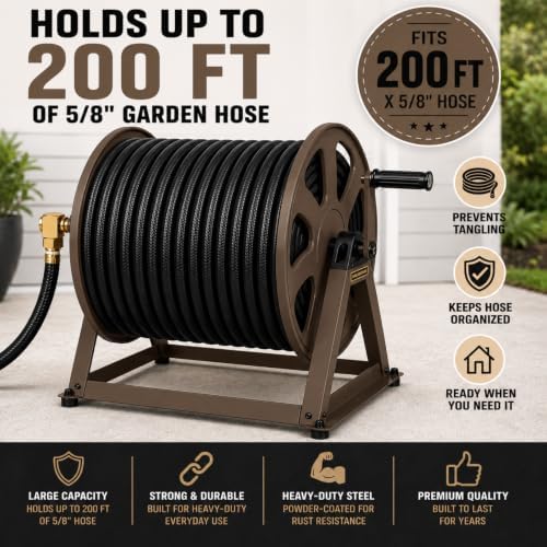 Dual Floor and Wall Mounted Garden Hose Reel, Holds 200ft of Water Hose, Heavy Duty Metal Hose Reel, Space Saving Hose Reel Organizer for Yard, Garage & Shed (Brown)