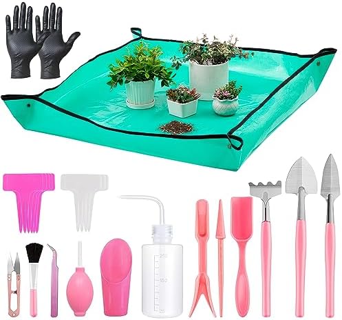 Melphoe 25Pcs Mini Garden Hand Transplanting Succulent Tools Set, 39.4" Thickened Repotting Mat & Plant Tag, Miniature Planting Indoor Fairy Care, Potting, Cactus, Houseplant Bonsai Tool Kit (Pink)