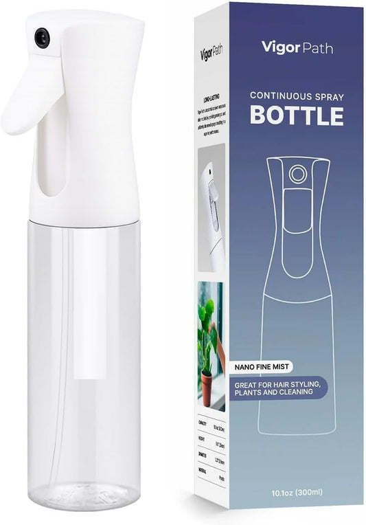 VIGOR PATH Continuous Mist Spray Bottle – Fine Mist Sprayer for Hair, Plants, Cleaning & Beauty – Refillable & Reusable Water Spray Bottle (Clear, 10oz)