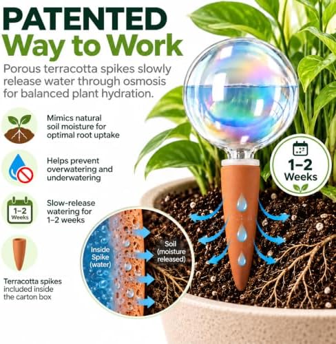 13 oz Non-Clogging Iridescent Ball Plant Watering Globes with Terracotta Spikes, Hand Blown Glass Self Watering Planter Insert, Watering Bulbs for Big & Medium Plants (3 Pack)