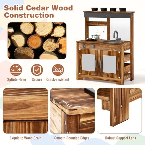 HONEY JOY Mud Kitchen, Cedar Wood Outdoor Play Kitchen for Toddlers, Acrylic Board, Removable Sink, 4 Planting Cups, Kitchen Accessories, Garden Time Mud Kitchen for Kids Outdoor Backyard