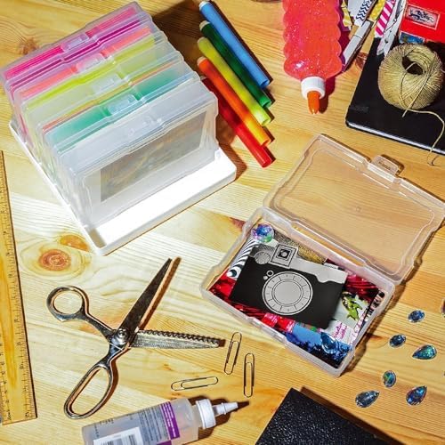Photo Storage Box with 16 Inner 4" x 6" Photo Case, Portable Storage Organizer with Handle Craft Keeper for Picture, Stickers, Stamps, Screws, Hair Clips, Clear