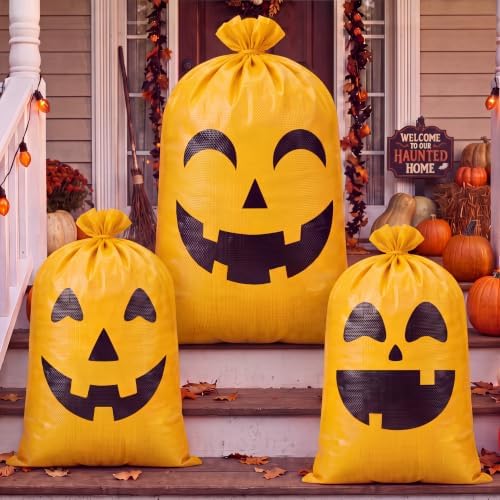 Pajean 3 Pcs Halloween Pumpkin Leaf Lawn Bags Reusable Woven Fall Yard
