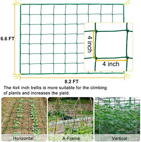 Garden Trellis Netting for Climbing Plants Outdoor, 6.6x8.2 FT Plant Netting for Cucumber, Tomato, 27 Strands Trellis Net with 4x4 Inch Mesh as Vegetable Netting for Grape, Bean, w/Plant Clips