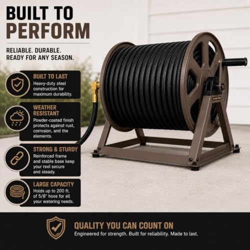 Dual Floor and Wall Mounted Garden Hose Reel, Holds 200ft of Water Hose, Heavy Duty Metal Hose Reel, Space Saving Hose Reel Organizer for Yard, Garage & Shed (Brown)