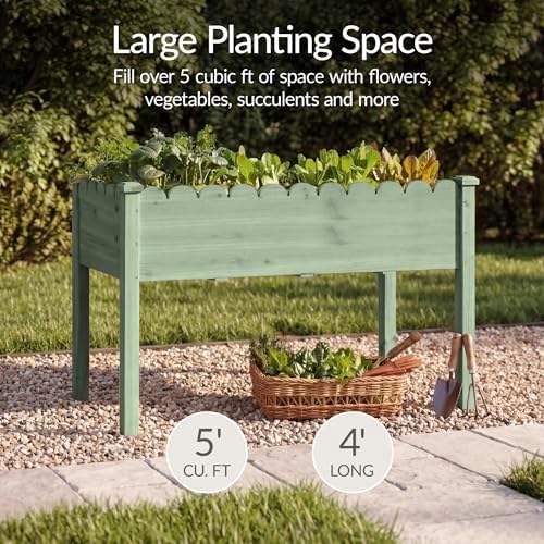 Best Choice Products Raised Garden Bed, Scalloped Design, Elevated Wood Planter Box Stand for Backyard, Patio, Balcony with Bed Liner, 48 x 24 x 30 Inches, 200 Pound Capacity - Sage
