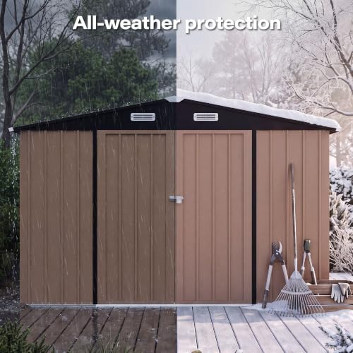 LAUSAINT HOME 10 x 10 FT Outdoor Storage Shed with Windows, Heavy Duty Galvanized Steel Storage Shed with Double Lockable Doors, Gable Roof & Air Vent for Backyard, Brown