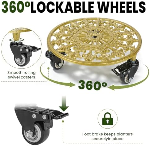 2 Pack 11" Heavy Duty Round Metal Plant Caddy with Wheels, Gold