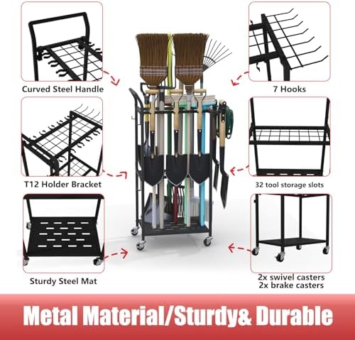 Garden Tool Organizer with Wheels, Rolling Yard Tool Rack with 14 Hooks & 5 Slots, 3-Tier Metal Cart Holds 50+ Rakes/Shovels/Brooms, Mobile Lawn Storage for Garage Shed Outdoor