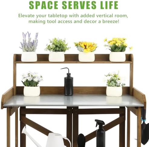 Garden Potting Benches & Tables,Outdoor Wooden Work Station W/Metal Table Top,Drawer,Large Bottom Shelf,Open Shelf Natural Wood-Natural Stained (B0CSYWG7GN)