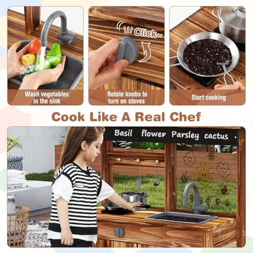 HONEY JOY Mud Kitchen, Cedar Wood Outdoor Play Kitchen for Toddlers, Acrylic Board, Removable Sink, 4 Planting Cups, Kitchen Accessories, Garden Time Mud Kitchen for Kids Outdoor Backyard