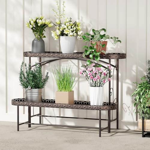 Plant Stand Outdoor Indoor 2 Tier Metal Pland Stand, Detachable Heavy Duty Tall Plant Shelf Rack Flower Pot Holder for Patio Garden Balcony Living Room, Distressed Vintage Black
