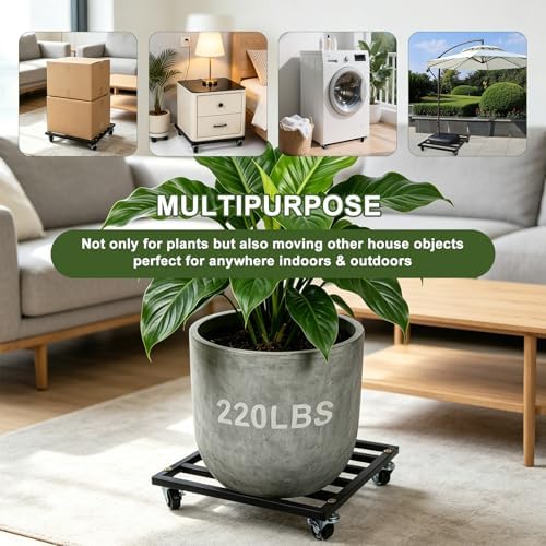 2 Pack Square Plant Caddy with Wheels 12 Inch Heavy Duty Metal Rolling Plant Stand Plant Saucer with Lockable 360° Casters, Planter Dolly Pot Mover Holds 220LBS,Includes 3pcs Garden Tool Set