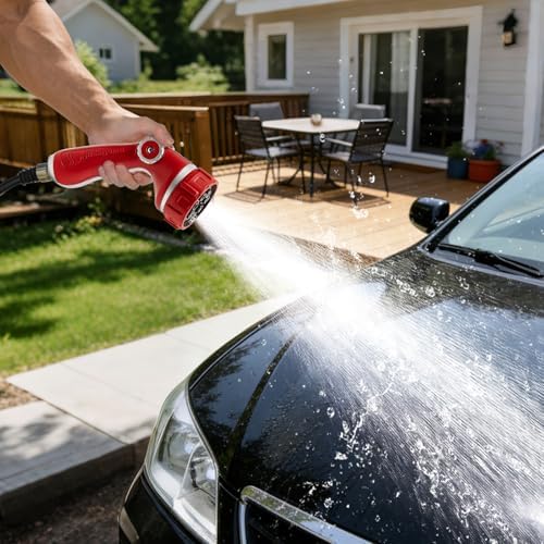 HugeDawn Garden Hose Nozzle with 7 Spray Patterns, Heavy Duty Metal Sprayer 30% Greater Water Flow for Watering, Car Wash, Outdoor Cleaning (Red)