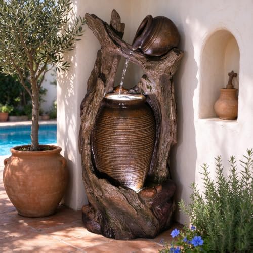 39.3" H Outdoor Water Fountain, Clay Pot Floor Standing Waterfall Fountain