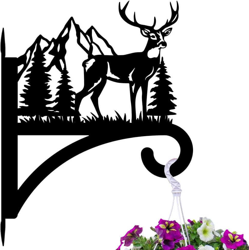 peacoblue Iron Plant Hanger Hook for Outdoor Indoor Hanging Plant Flower Fern Pots Lantern Bird Feeder,12"x15.4" Weather Resistant Metal Wall Holder for Porch Garden Farmhouse(Deer and Forest)