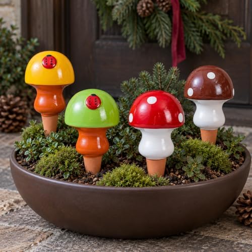 4PCS Terracotta Self Watering Globes, Automatic Plant Watering Bulbs - Vacation Watering Spikes System, Self Watering Devices for Indoor and Outdoor Plants - Mushroom Shape