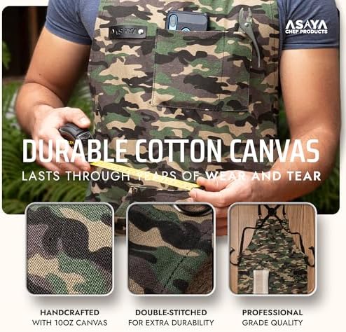 Asaya Chef and BBQ Apron with Bottle Opener and Hand Towel - 10oz Cotton Canvas, Stainless Steel Hardware - Cross Back Straps