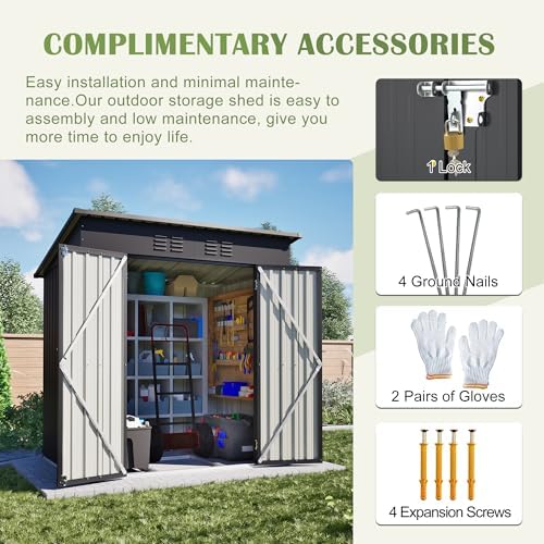Storage Shed 6x4 FT, Small Metal Tool Shed for Outdoor Storage, Galvanized Steel Garden Shed with Floor & Lockable Doors for Patio, Backyard, Lawn, Black