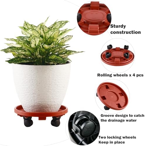 5 Pakcs Large Plant Caddy with Wheels 15.8" Rolling Plant Stands Heavy-duty Plastic Plant Roller Base Pot Movers Plant Saucer on Wheels Indoor Outdoor Plant Dolly with Caster Tray Coaster Red