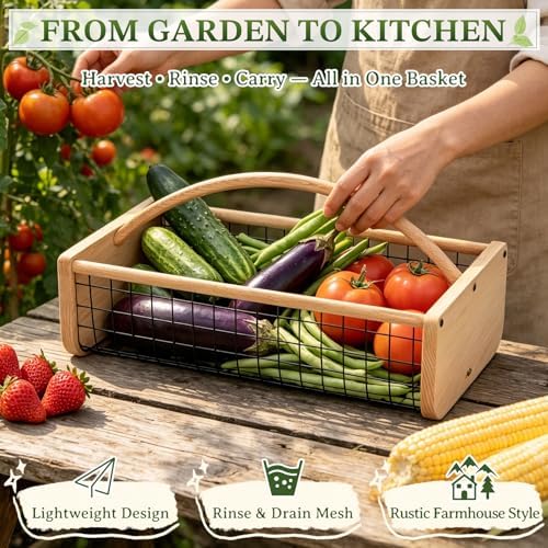 Garden Hod Harvest Basket, Wooden Garden Harvest Basket with Metal Mesh, Vegetable Gathering Basket for Fruit Picking, Rinse & Drain Gardening Basket for Kitchen, Picnic, Farmhouse Decor-Small