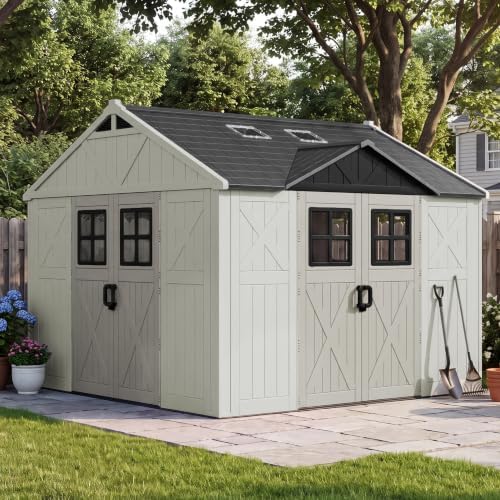 Patiowell 10x10 FT Resin Outdoor Storage Shed with Floor & 3 Lockable Doors