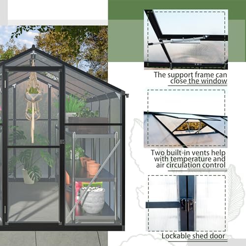 Walk-in Greenhouse for Outdoors Polycarbonate Aluminum Frame Large Garden Greenhouse with Roof Vent Lockable Door Quick Setup Structure for Backyard Patio, 100.1" L x 74.7" W x 80.4" H Black