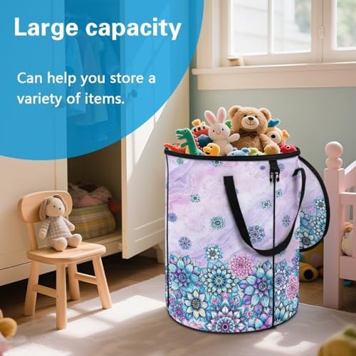 Outdoor Camping Collapsible Trash Can - Purple Boho Flowers Blossom 24 Gallon Large Capacity Garden Leaf Bin Reusable Foldable Yard Waster Bag with Lid and Handles