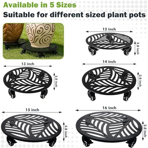 1 Pack 13 inches Metal Plant Caddy with Wheels Heavy-Duty Large Iron Rolling Plant Stand with Casters Indoor Outdoor Wheeled Plant Roller Base Pot Movers Plant Dolly Coaster Trolley Black