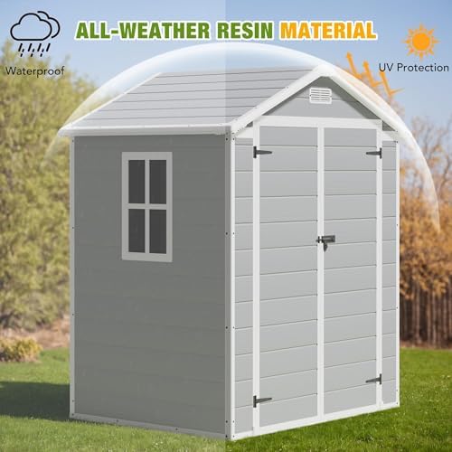 Greesum 6x4FT Plastic Outdoor Storage Shed with Floor, Light Gray