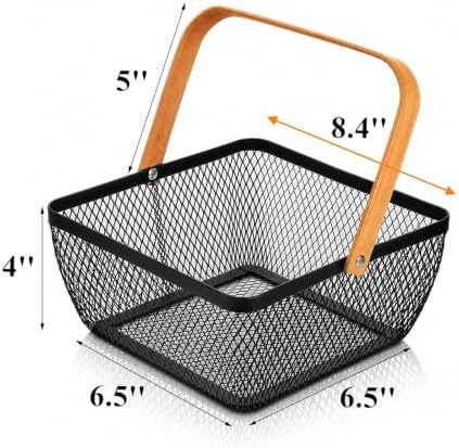 Tebery 2 Pcs Small Wire Mesh Basket with Handle, Metal Fruit Storage Organizer Bin, Grocery Shopping Harvest Market Baskets for Kitchen Counter, Pantry, Picnic, Bathroom, Black