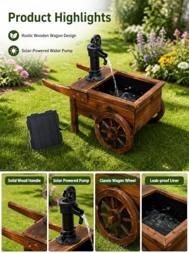 Carbonized Wood Outdoor Freestanding Fountain - Movable Vintage Hand Pump Cart, Solar-Powered Electric Decorative Water Feature for Patio, Garden & Indoor Decoration