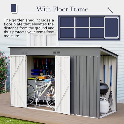 YOPTO 10x4 FT Outdoor Storage Shed, Metal Sheds with Floor Base & Open Firewood Storage,Steel Garden Shed with Lockable Doors,Sloped Roof,Windows, 2 in 1 Large Tool Shed for Patio, Backyard, Lawn.Gray