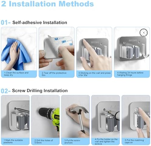 2 Pack Broom Holder Wall Mount, 304 Stainless Steel Mop Organizer with Hook