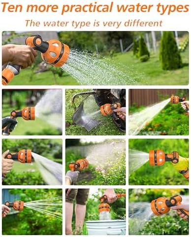 Garden Hose Nozzle, Heavy Duty Water Hose High Pressure Sprayer with 10 Watering Patterns, Thumb Control On Off Valve, for Watering outdoor Plants & Lawn, Car & Pet Washing-(Orange Red)