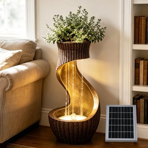 Solar Water Fountain Outdoor with LED Lights & Planter S-Shaped Waterfall