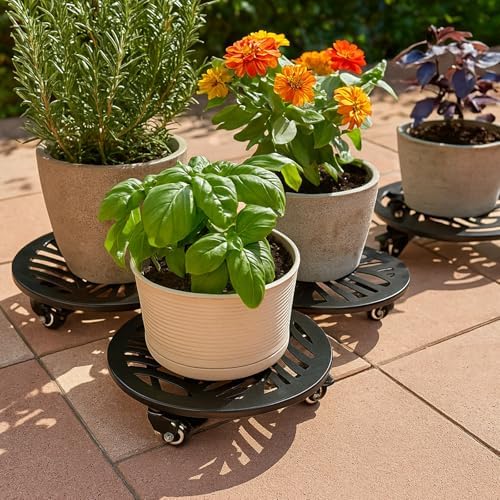 3 Packs Large Metal Plant Caddy with Wheels 12/13/13.6 inches Heavy-Duty Iron Rolling Plant Stand with Casters Indoor Outdoor Wheeled Plant Roller Base Pot Movers Plant Dolly Coaster Trolley Black