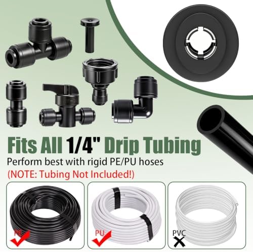 47 Pack Quick Connect 1/4" Drip Irrigation Fittings Kit, 1/4'' Drip Irrigation Tubing Push-to-Fit Connectors Parts- 5 Shut Off Valve, 10 Tees, 10 Couplings, 10 Elbows,10 End Plugs, 2 Faucet Adapters